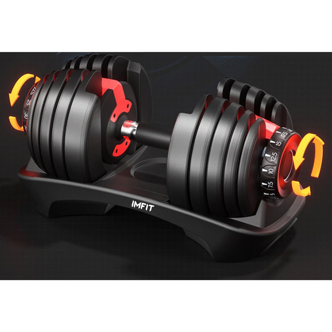 craques adjustable dumbbells set with black weight plates and red adjustment dial on a black stand