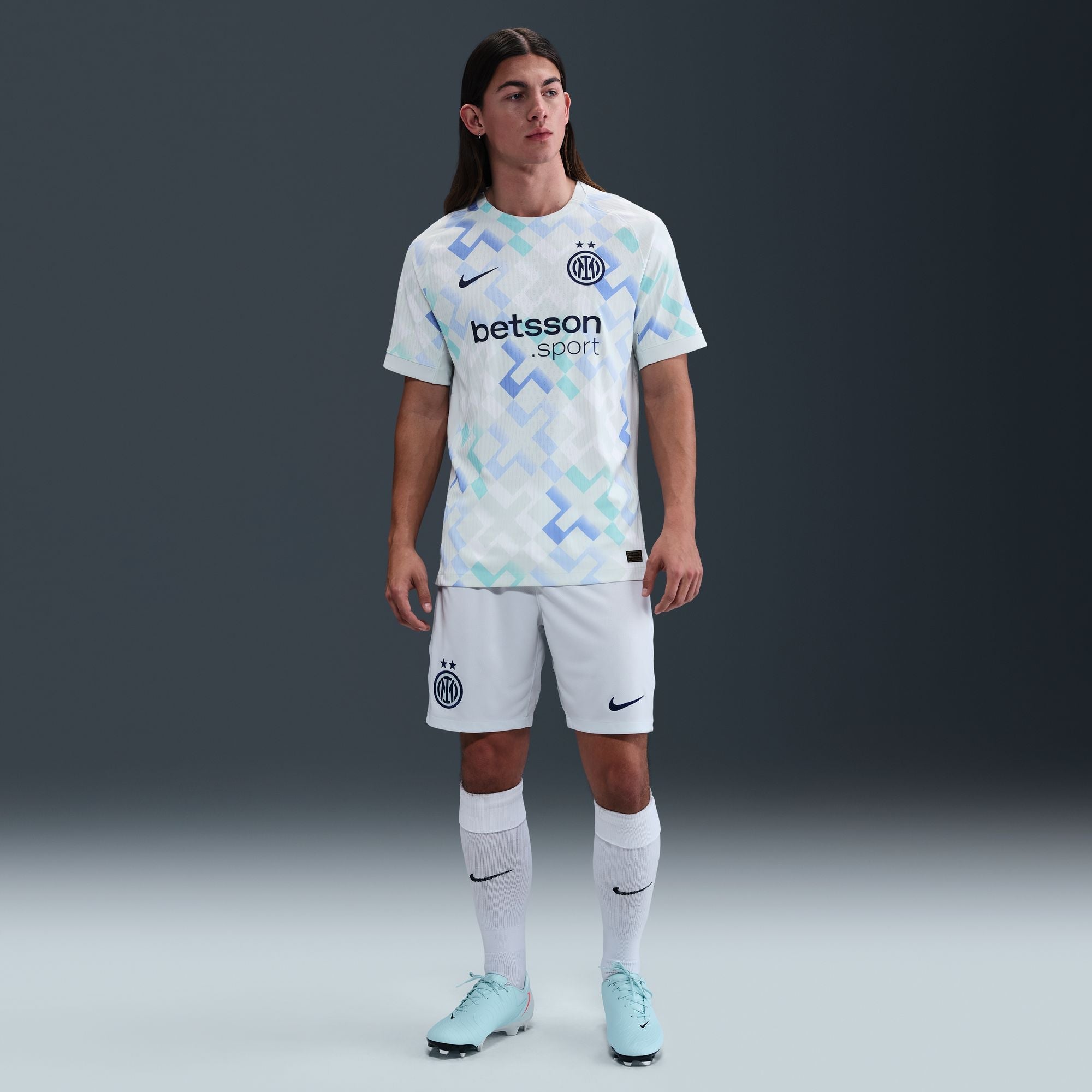 Inter Milan 2025/26 away jersey in white with blue geometric patterns, ideal for soccer fans