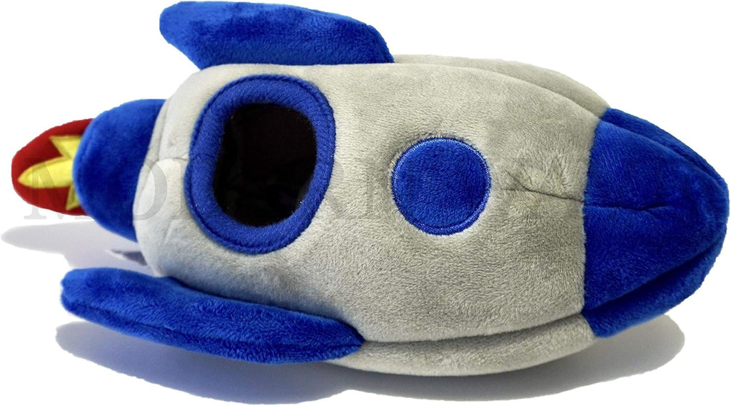 Craques interactive dog puzzle toy shaped like a blue and gray plush rocket with opening and soft details