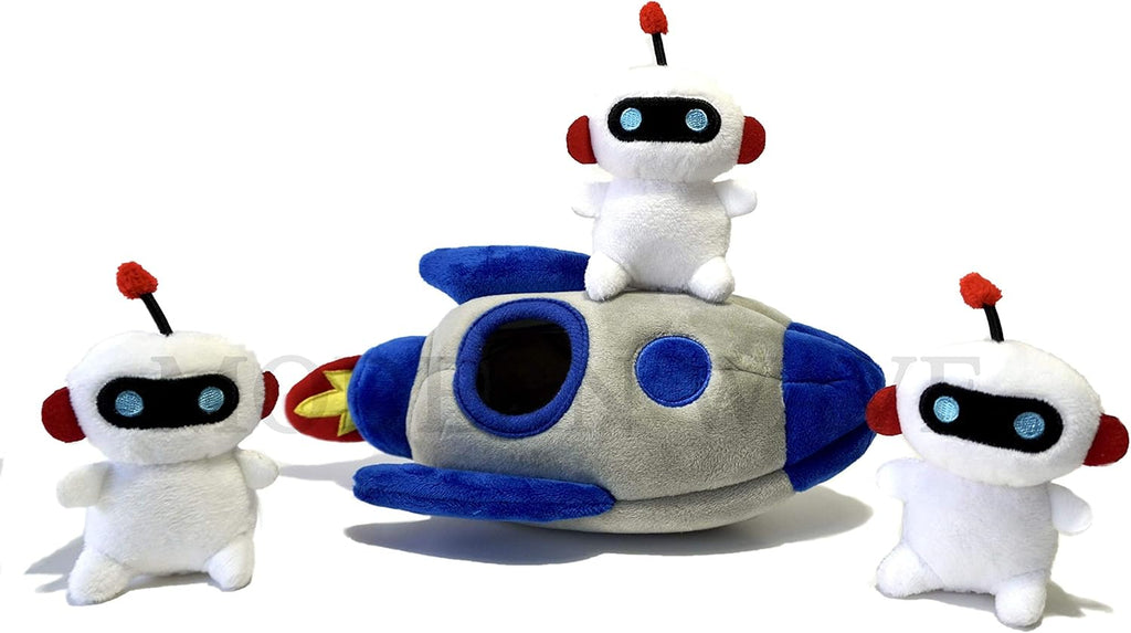 Craques interactive dog puzzle toy featuring plush robot characters and a rocket ship design