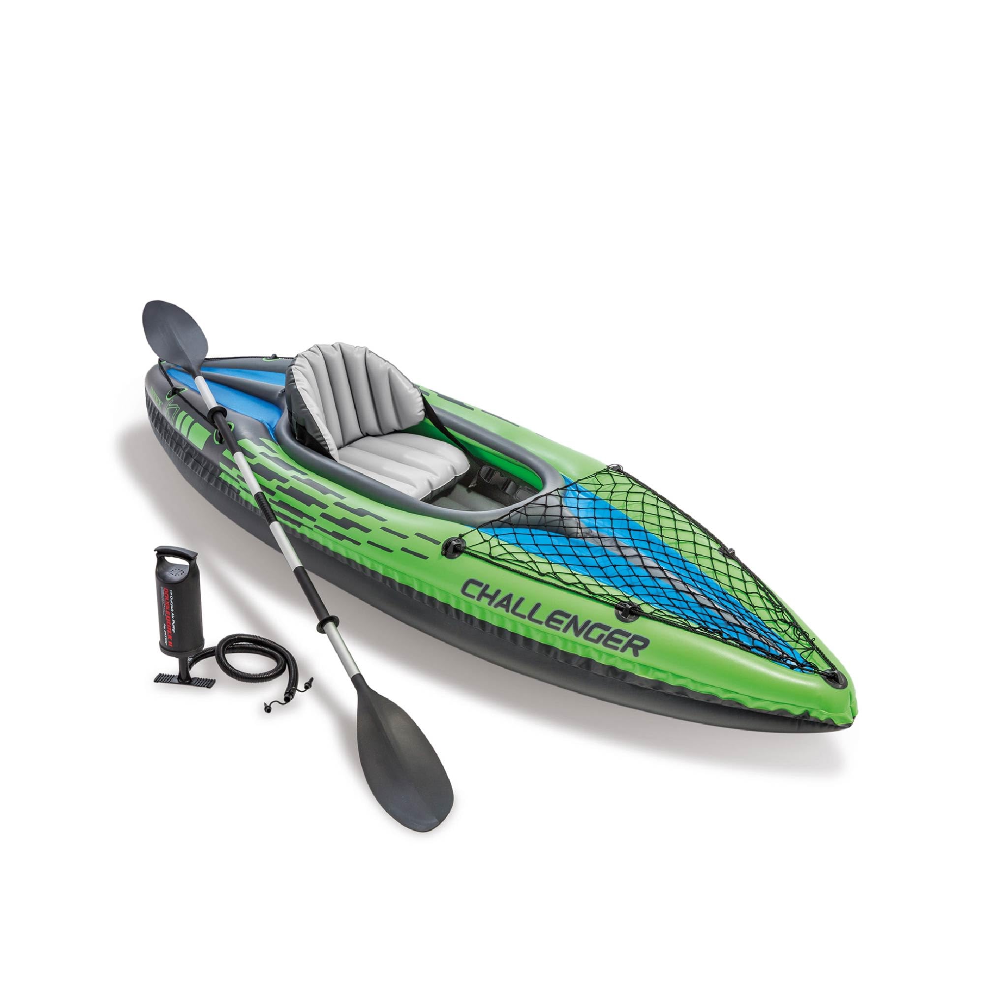 Green and blue Intex Challenger inflatable kayak with gray seat, black paddle, and air pump included