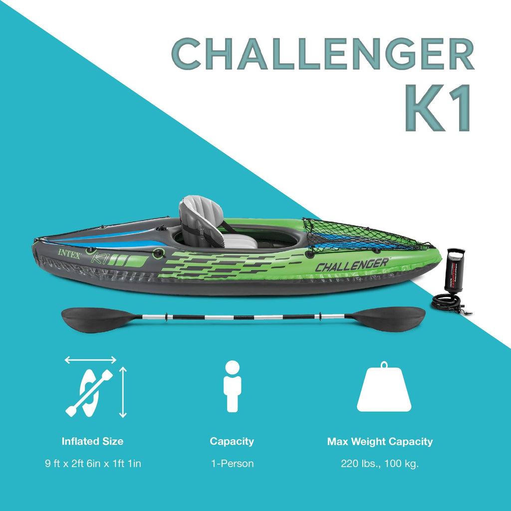 Intex Challenger inflatable kayak green and gray single-person kayak with paddle and hand pump