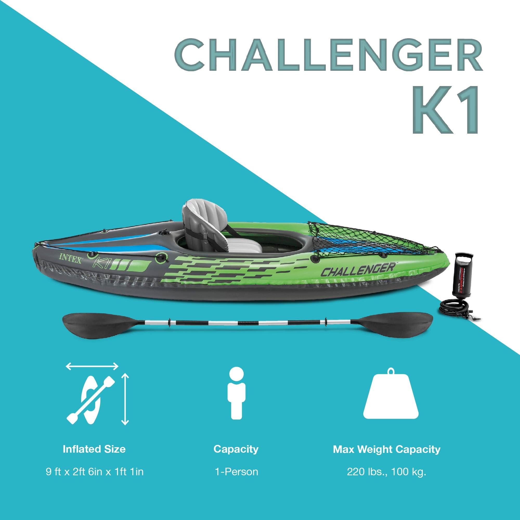 Intex Challenger inflatable kayak green and gray single-person kayak with paddle and hand pump