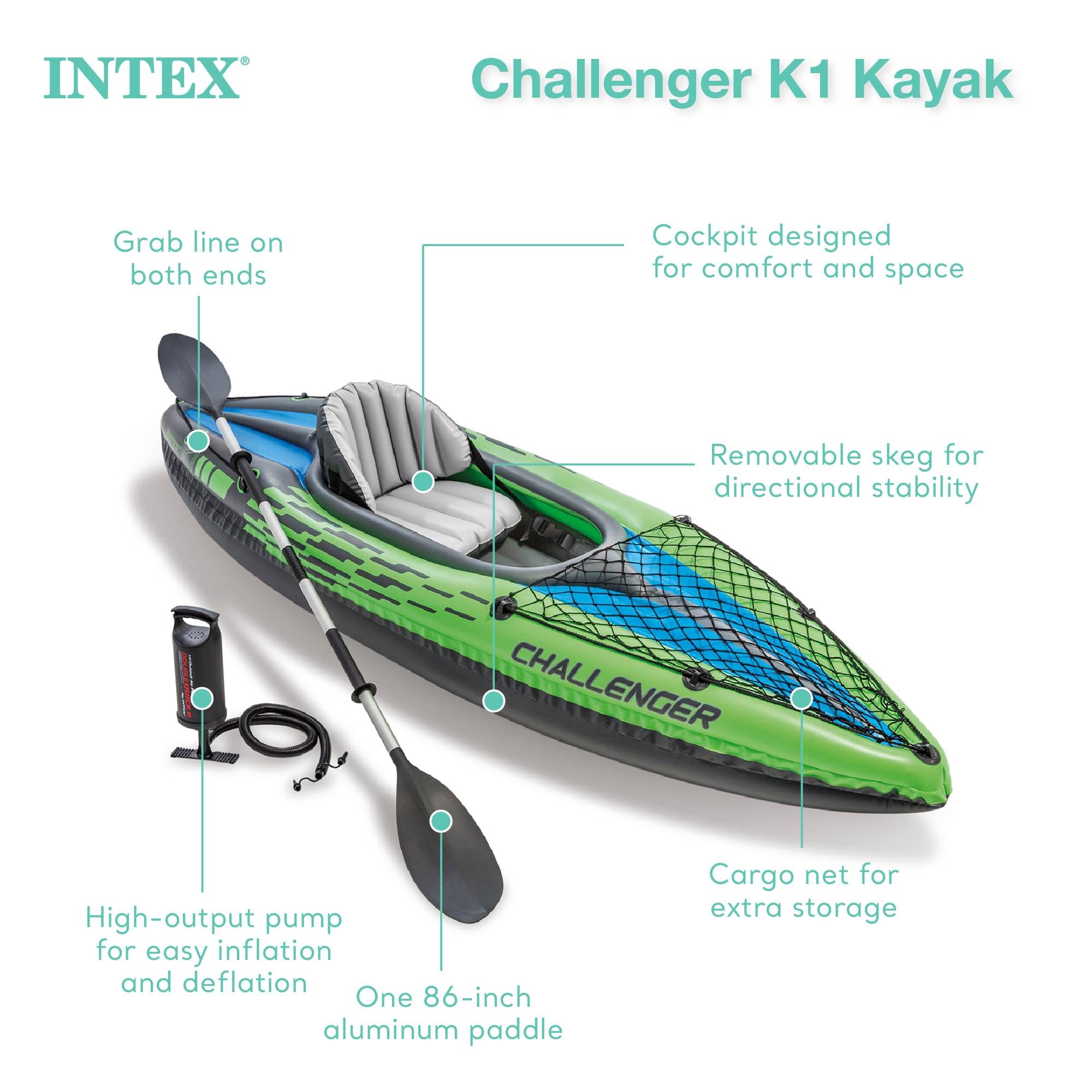 Intex Challenger inflatable kayak in green with aluminum paddle, high-output pump, and cargo net