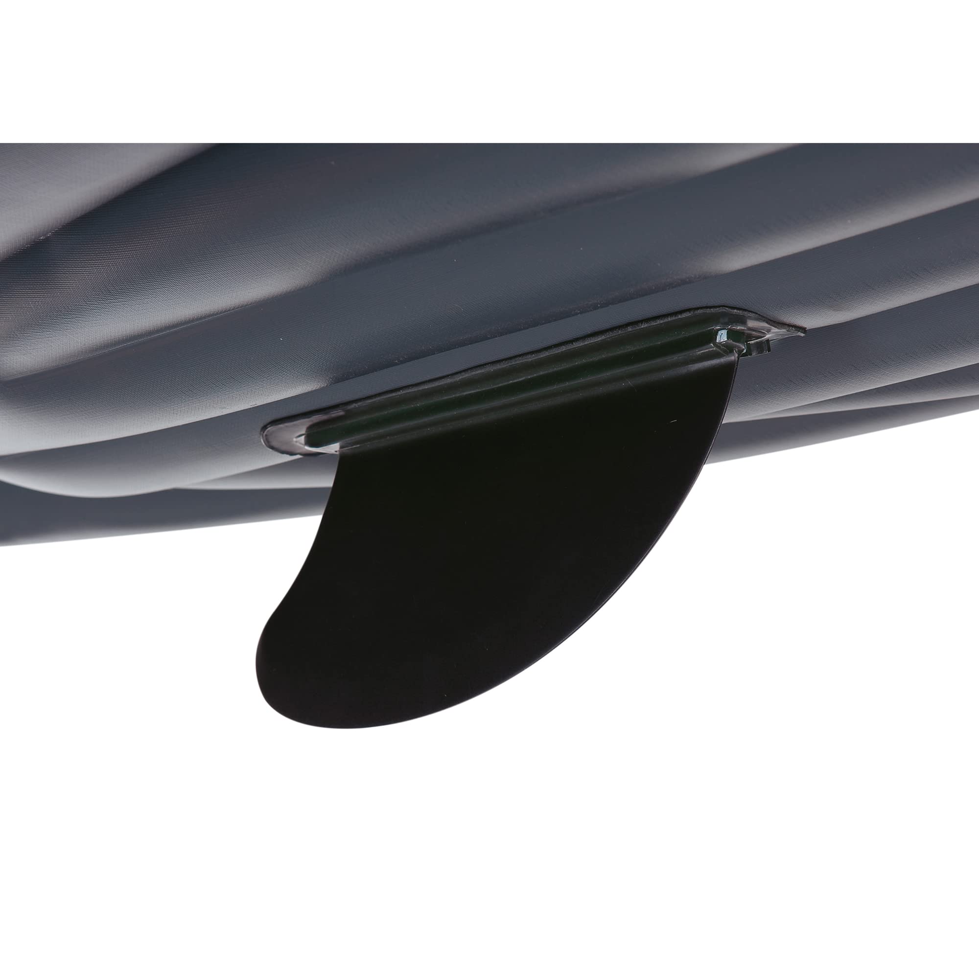Close-up of black fin attached to the bottom of Intex Challenger inflatable kayak by craques