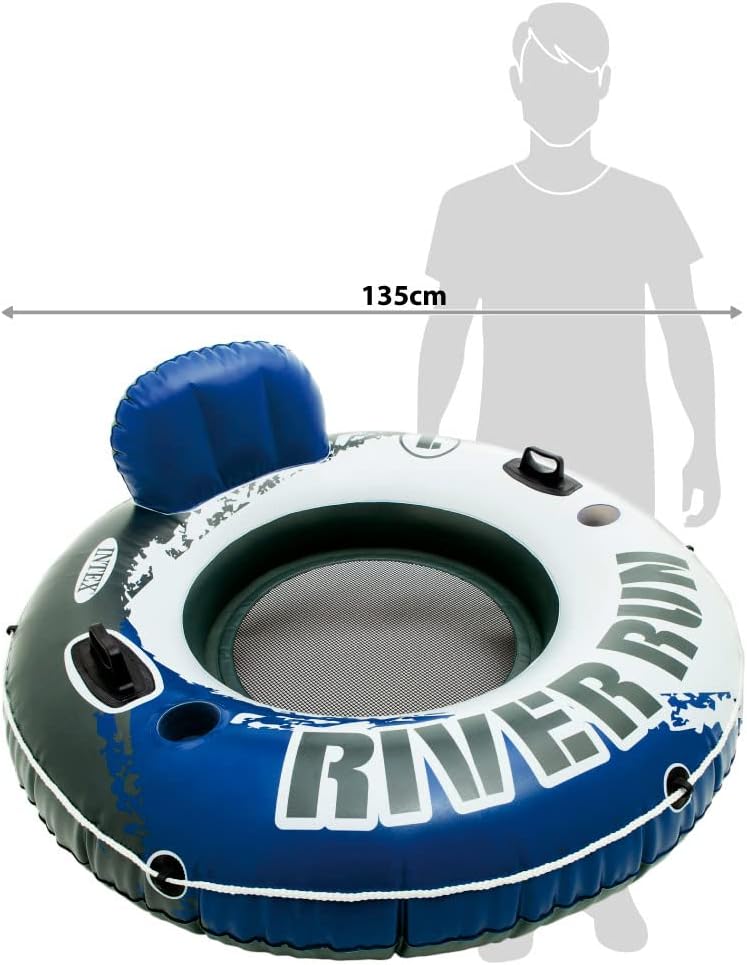 Blue and gray inflatable river float for adults with backrest, handles, and cup holder measuring 135 cm