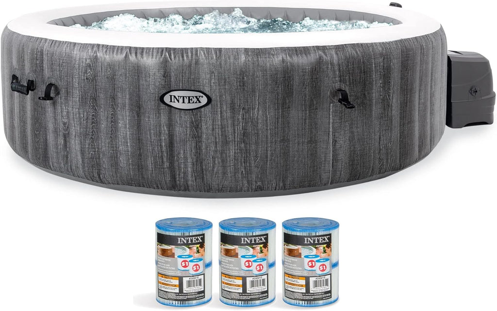 Intex outdoor inflatable hot tub in gray wood pattern with water jets and three filter cartridges