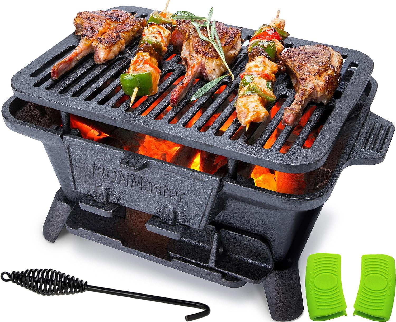 Craques portable cast iron bbq grill with cooked meat and vegetable skewers on grill grates