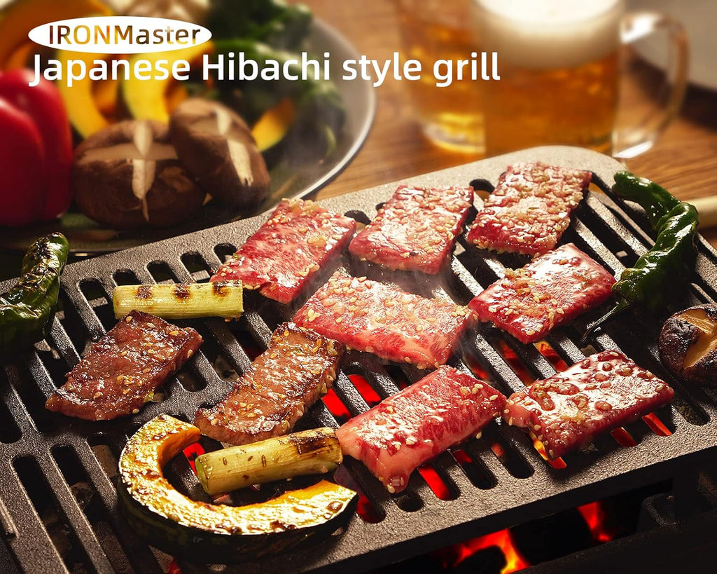 Portable cast iron bbq grill with Japanese hibachi style cooking beef and vegetables
