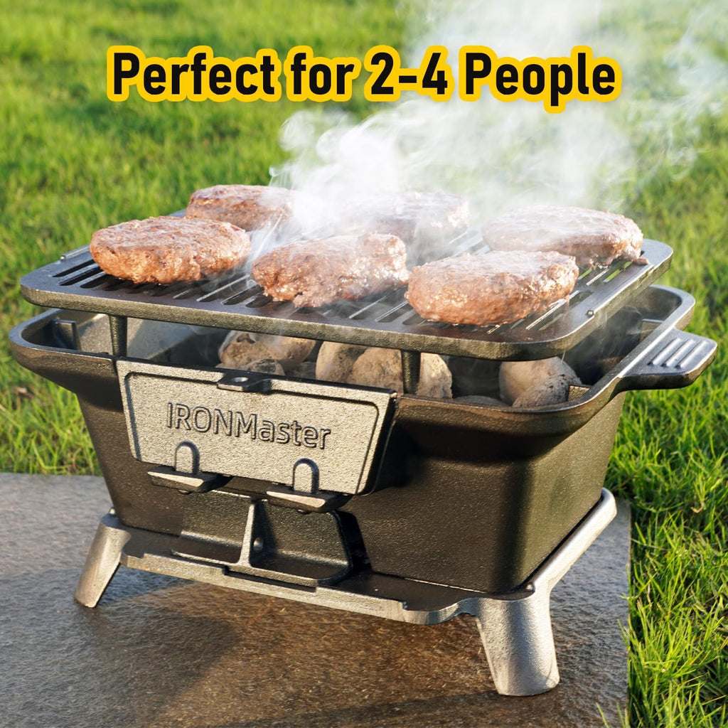 Craques portable cast iron bbq grill cooking multiple burger patties outdoors on a sunny day