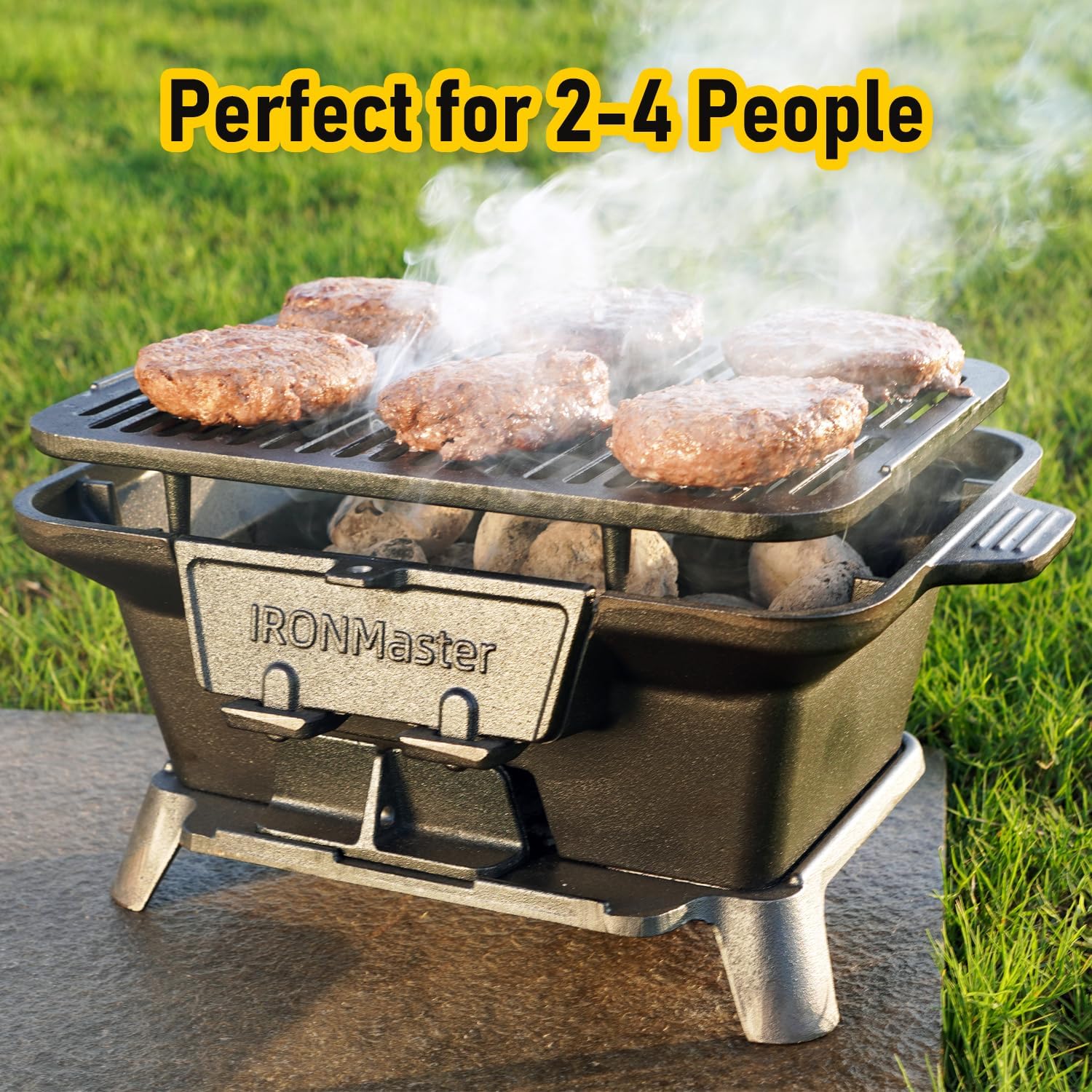 Craques portable cast iron bbq grill cooking multiple burger patties outdoors on a sunny day