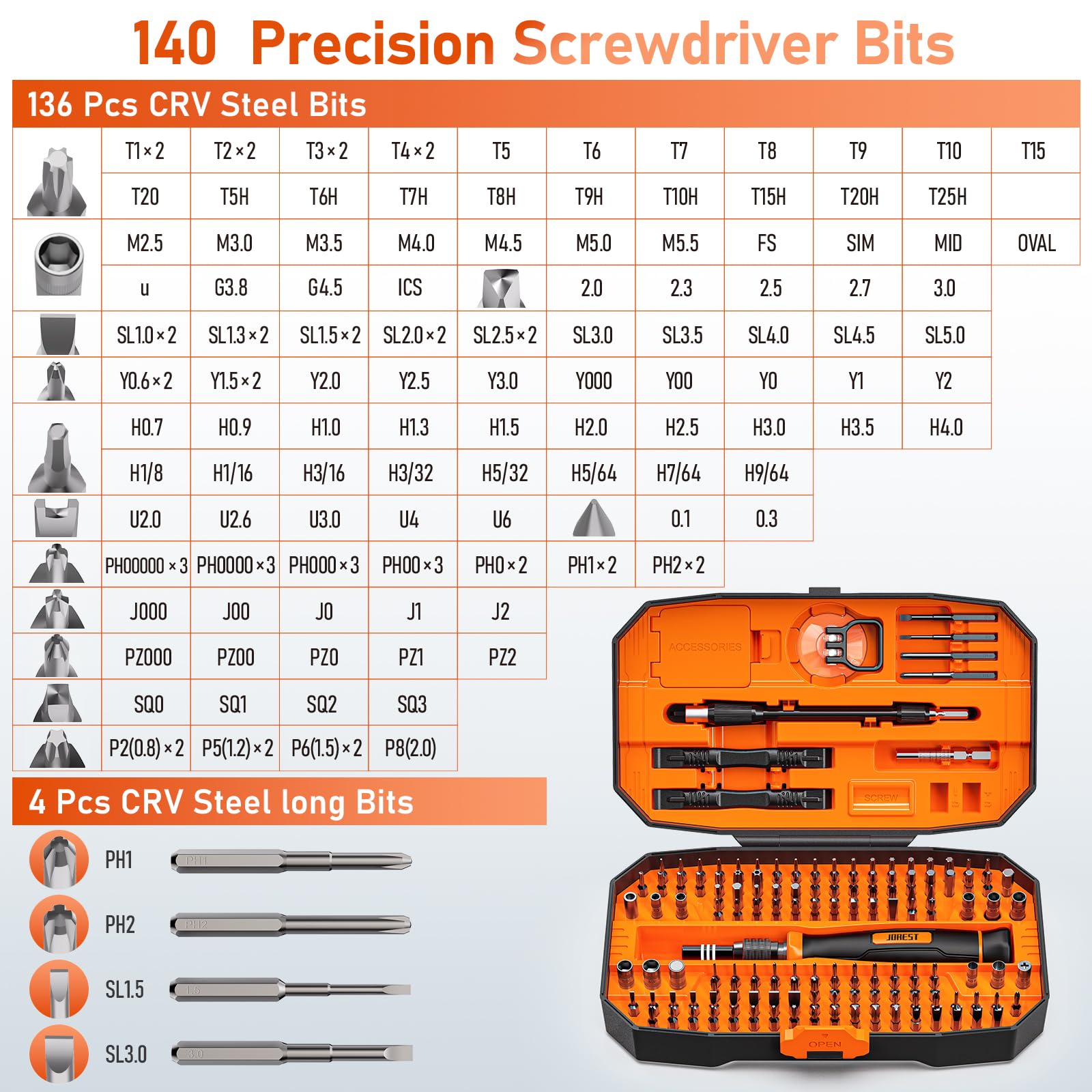 Craques precision screwdriver set for electronics with 140 steel bits and various sizes in orange case