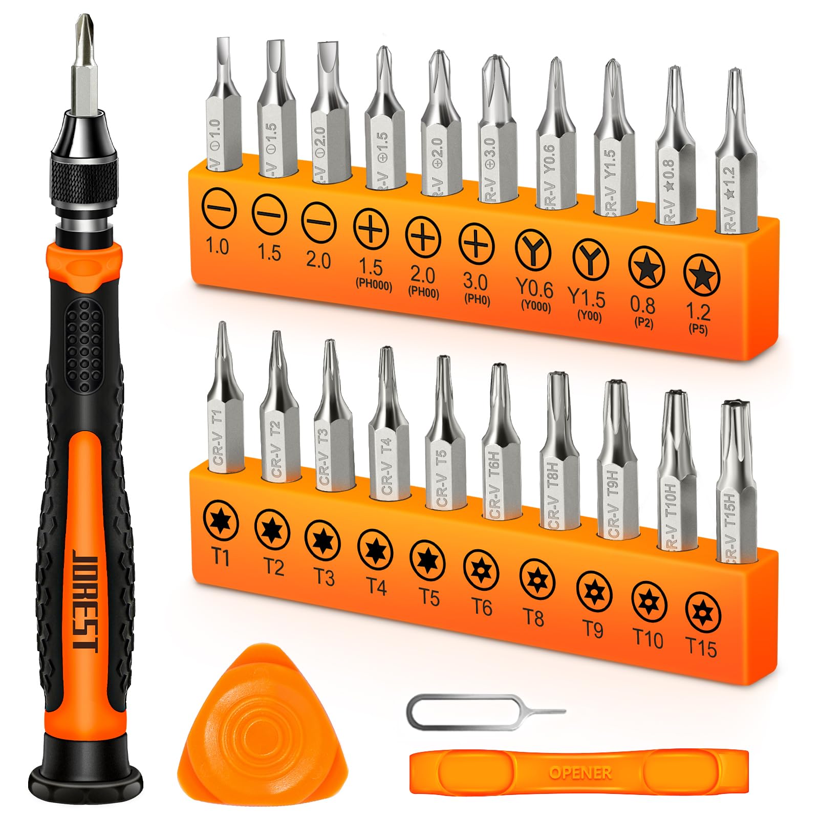 Craques precision screwdriver set for electronics with multiple interchangeable bits and orange storage holders