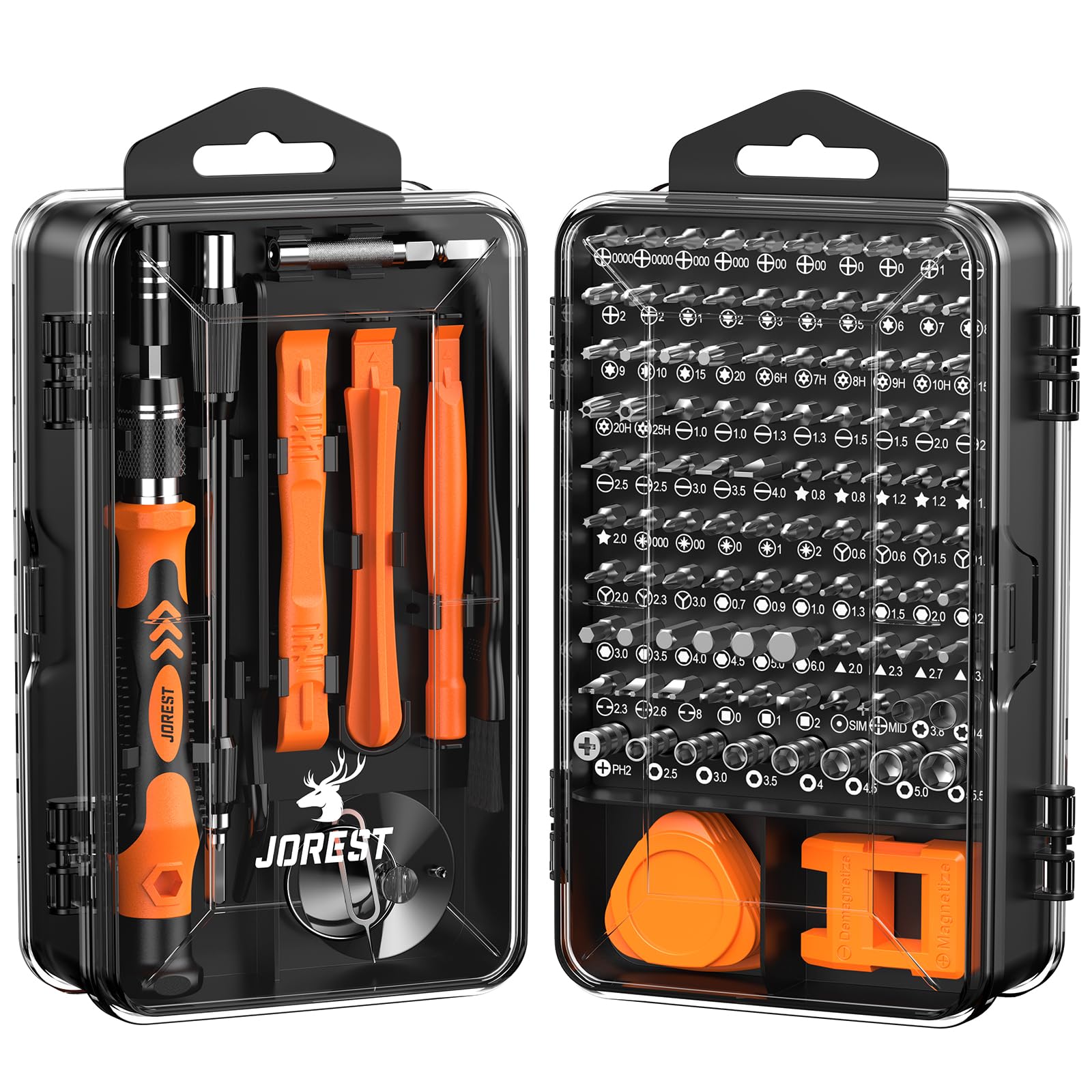 Craques precision screwdriver set for electronics with multiple bits and orange black handles in clear storage case