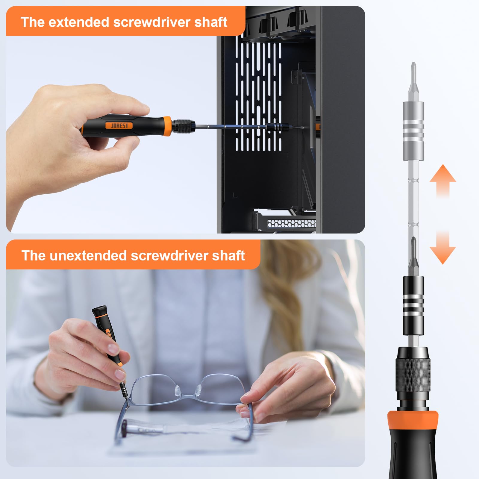 Craques precision screwdriver set for electronics showing extended and unextended shafts for versatile use