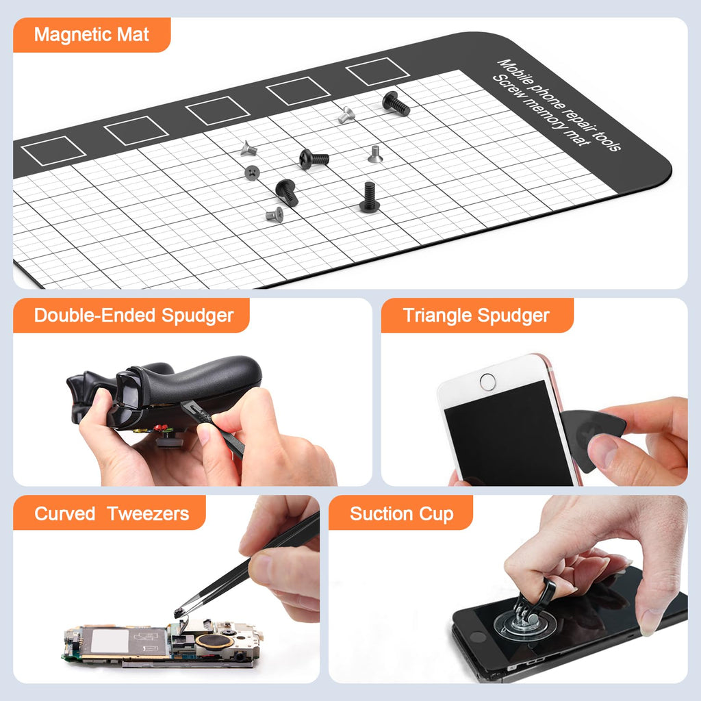 Craques precision screwdriver set for electronics with magnetic mat, double-ended spudger, triangle spudger, curved tweezers, and suction cup