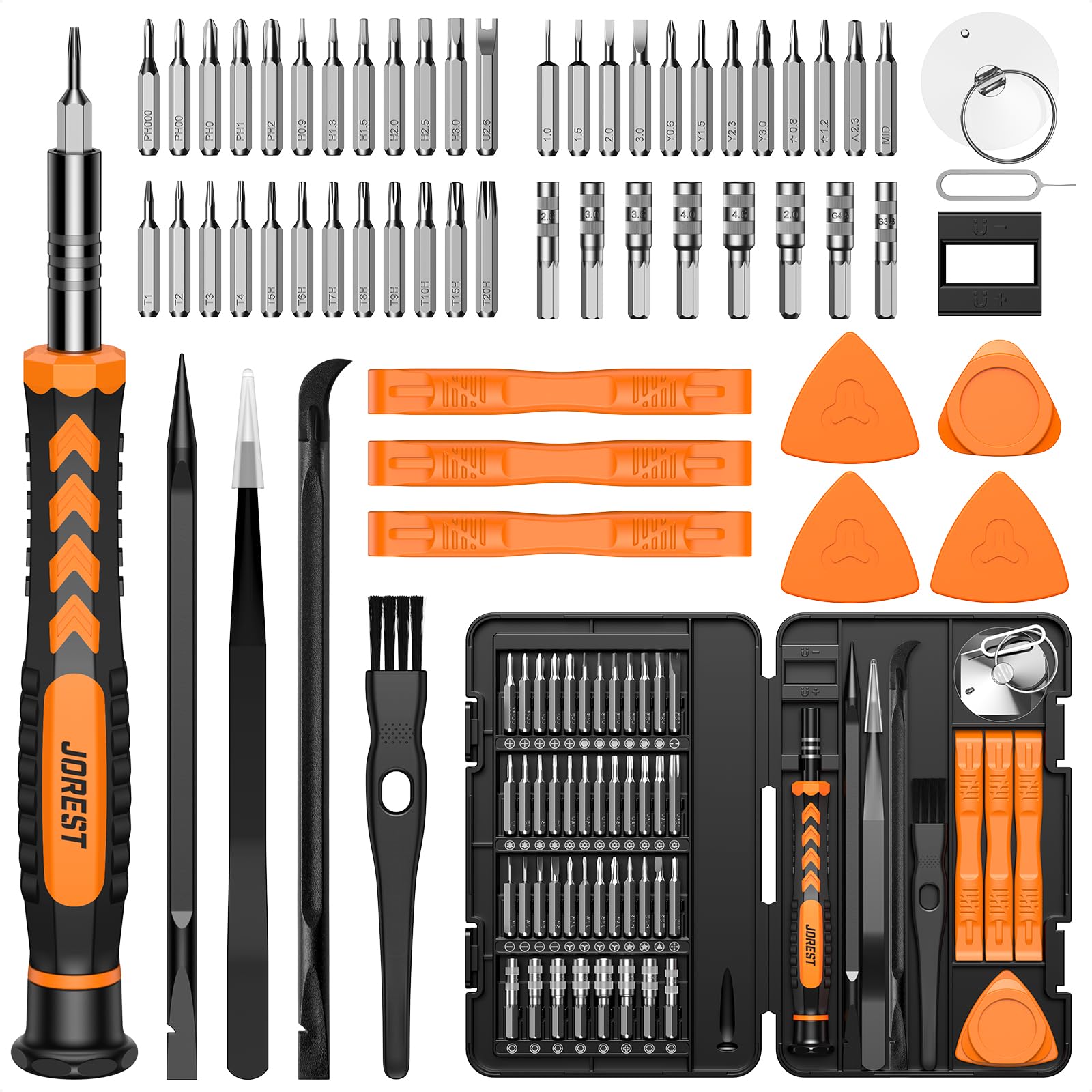 Craques precision screwdriver set for electronics with multiple bits, pry tools, tweezers, and carrying case