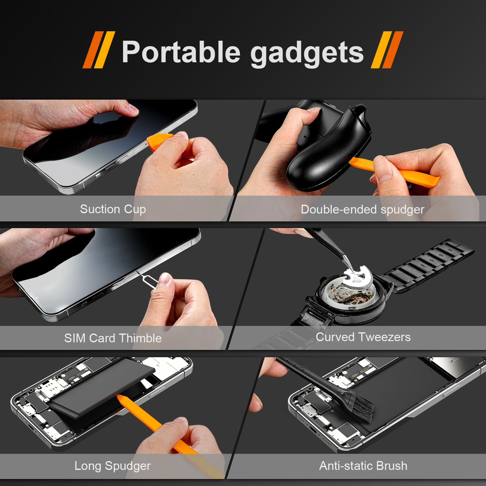 Craques precision screwdriver set for electronics showing suction cup spudger tweezers and anti-static brush tools