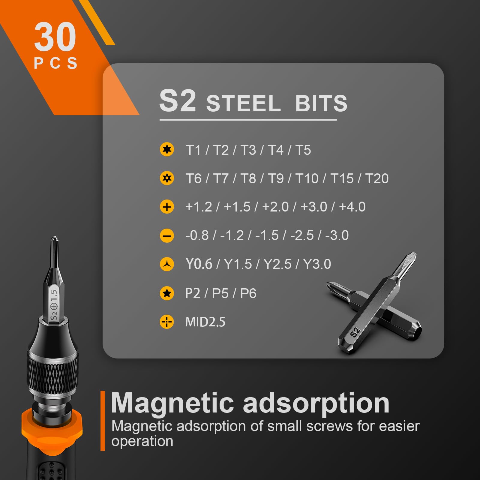 Craques precision screwdriver set for electronics with 30 S2 steel bits and magnetic adsorption