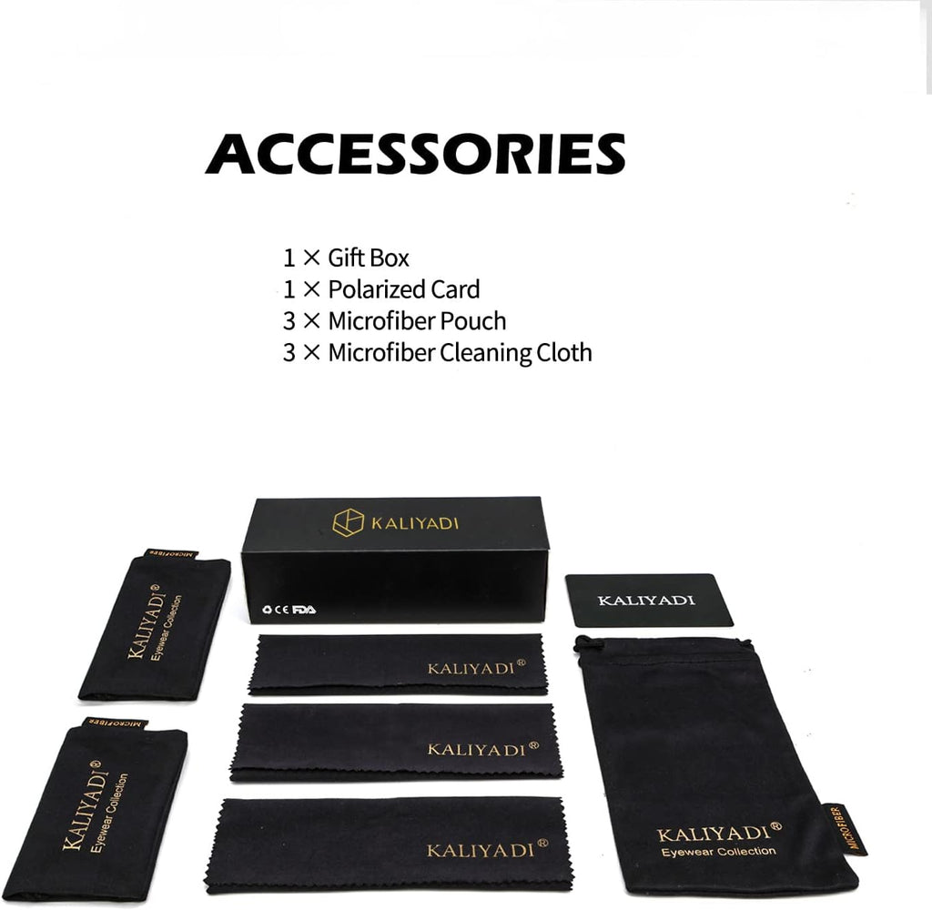 Accessories kit including gift box, polarized card, microfiber pouches and cleaning cloths for polarized sunglasses for men and women