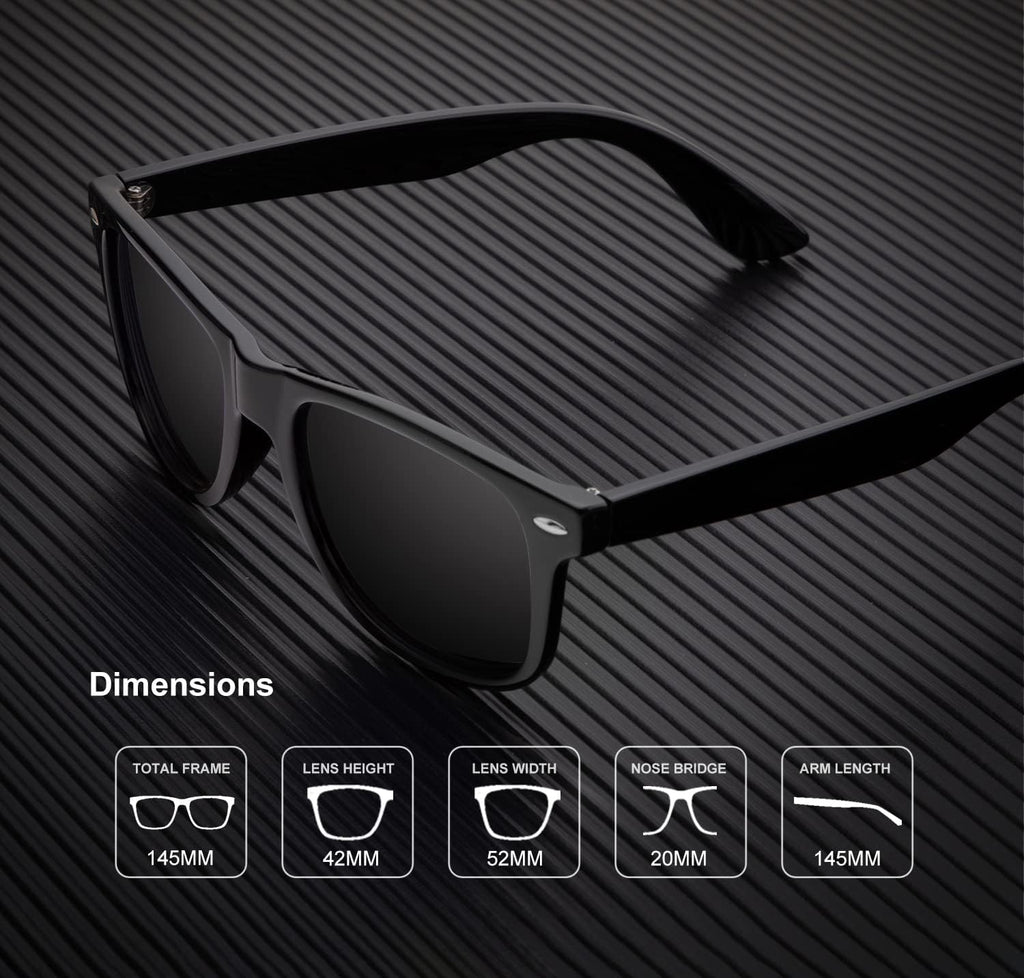 Black polarized sunglasses for men and women with sleek rectangular frame and tinted lenses