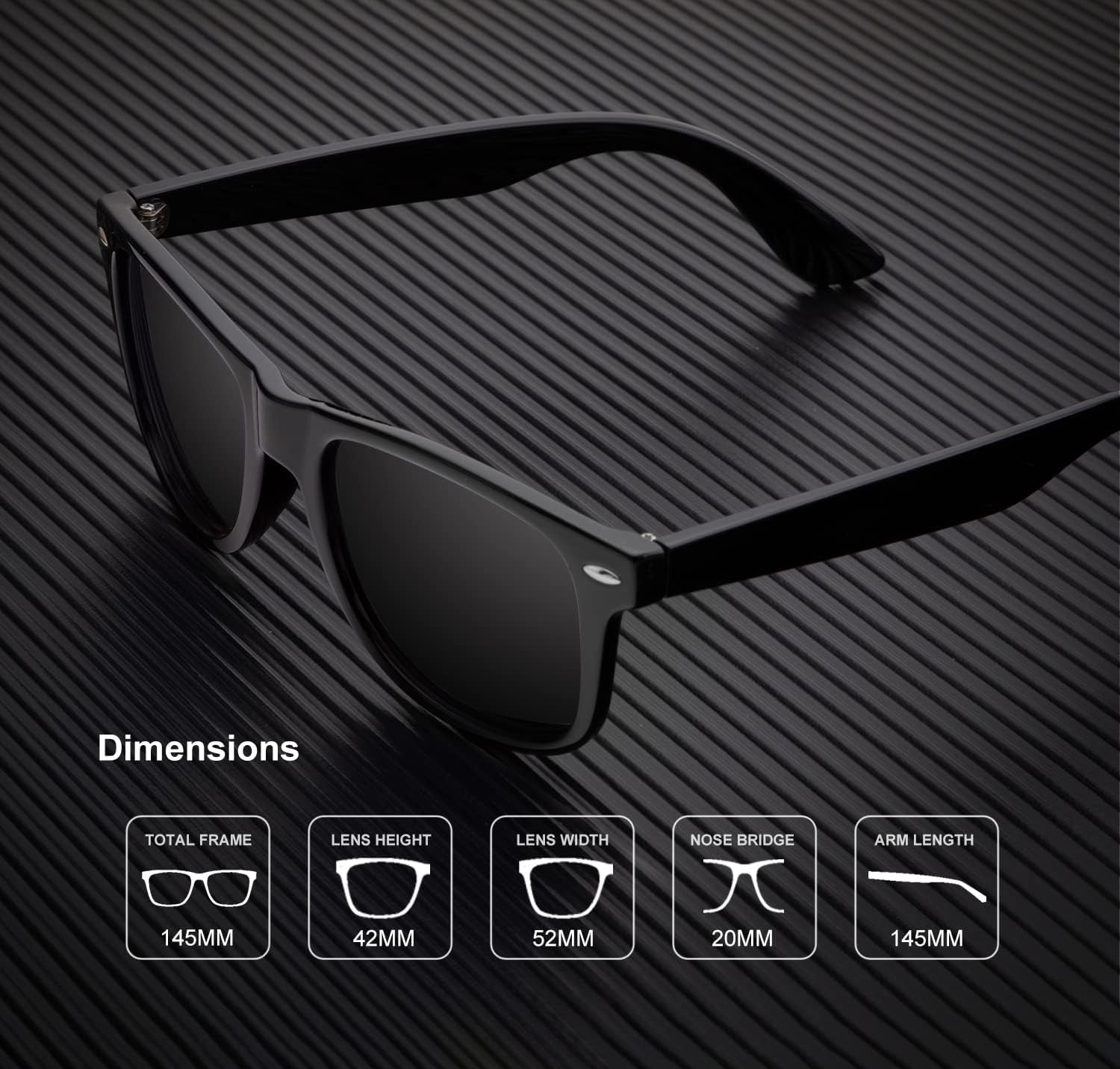 Black polarized sunglasses for men and women with sleek rectangular frame and tinted lenses
