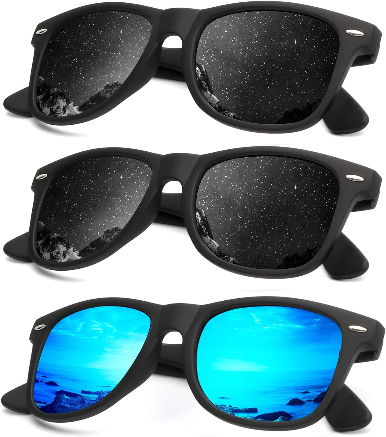 Craques polarized sunglasses for men and women with black frames and reflective lenses showing night and ocean scenes