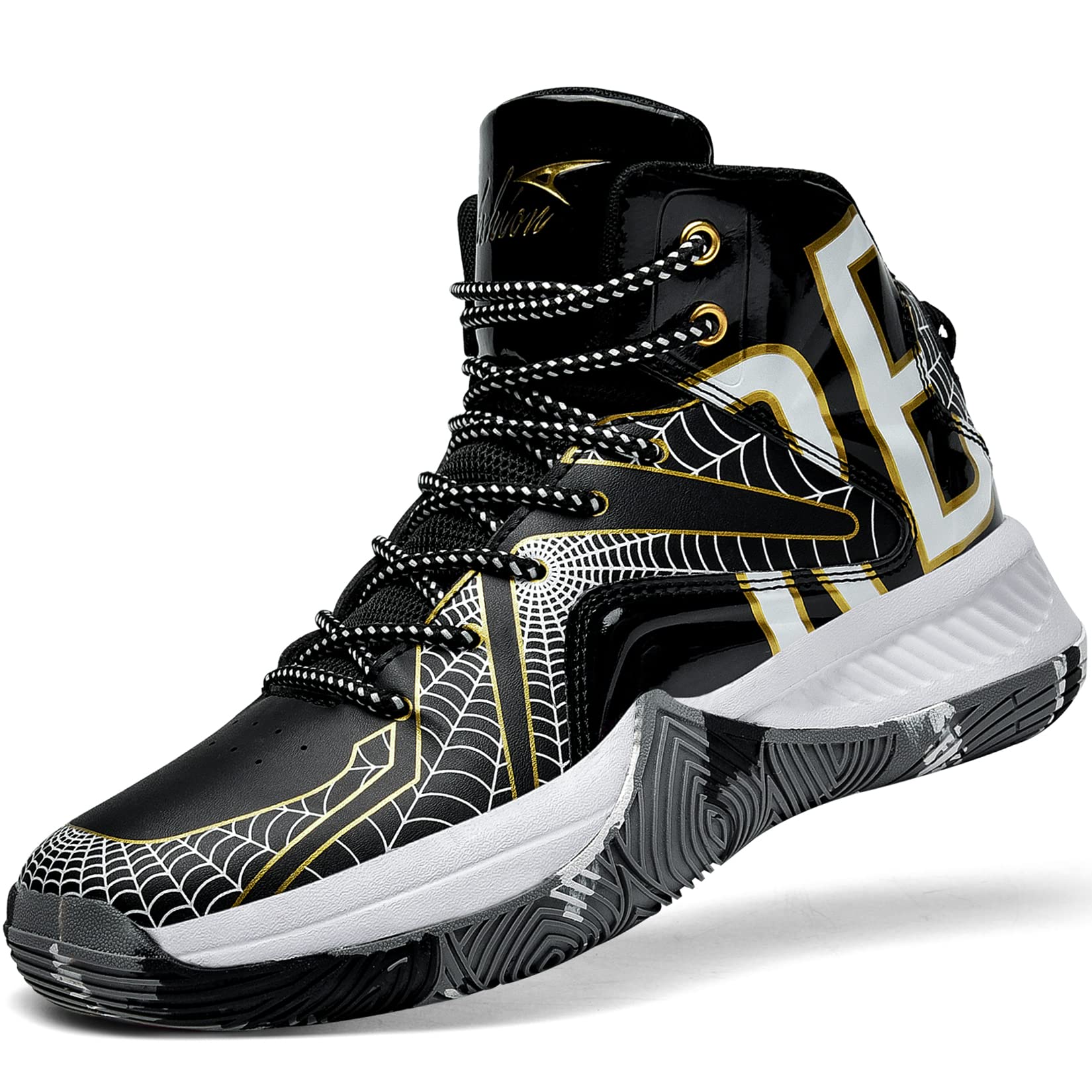 Craques kids high-top basketball shoes in black with white and gold spiderweb design and patterned sole