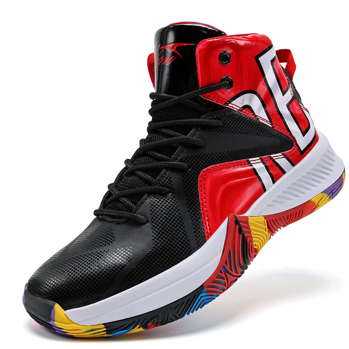 Craques kids high-top basketball shoes in black and red with colorful sole and lace-up design