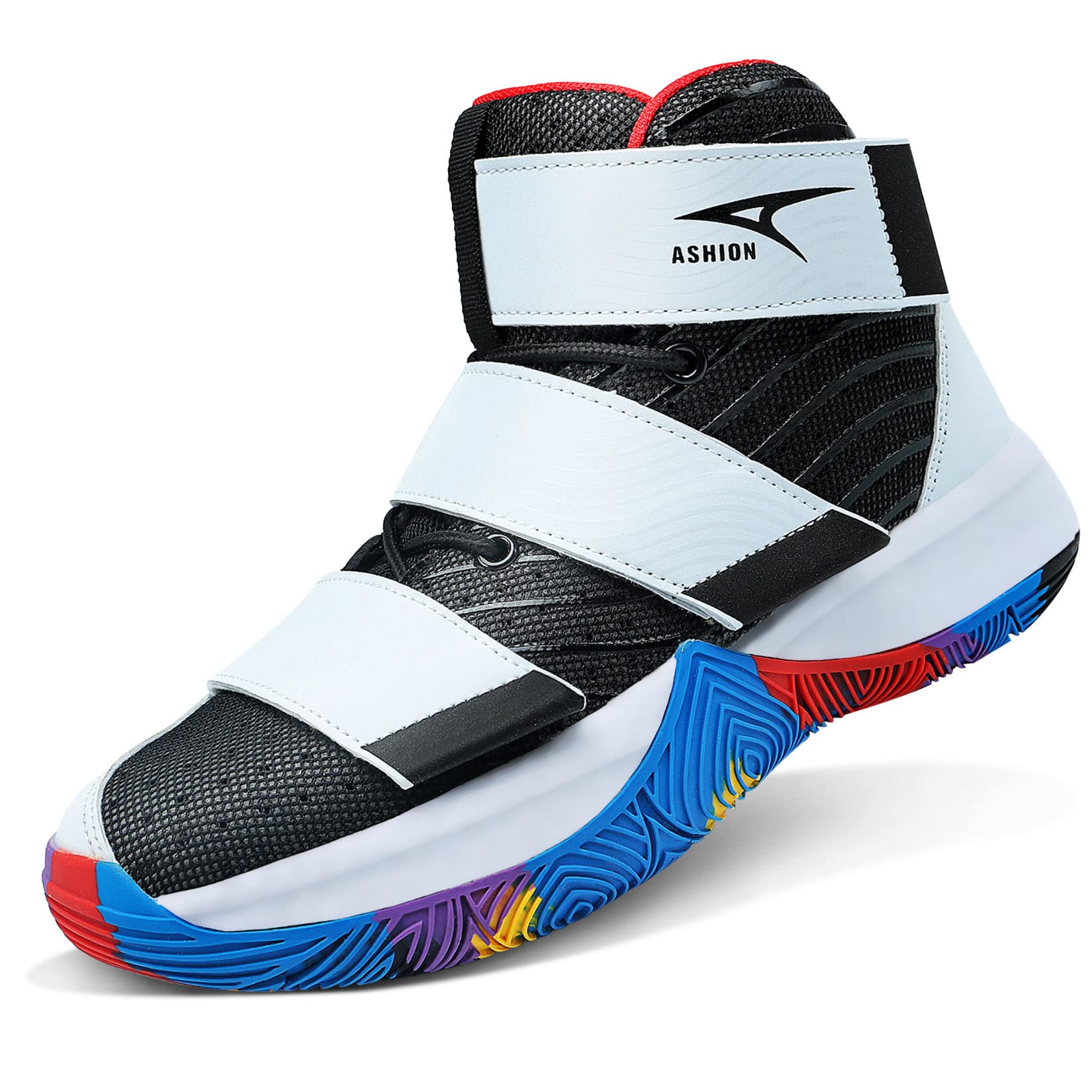 Craques kids high-top basketball shoes in black with white straps and colorful sole for enhanced grip