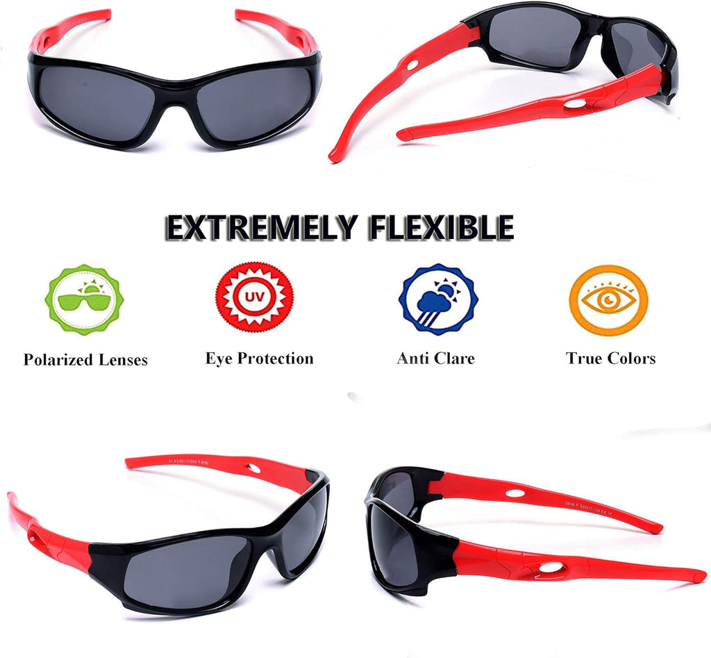 craques kids polarized sports sunglasses with black lenses and red flexible frames for eye protection