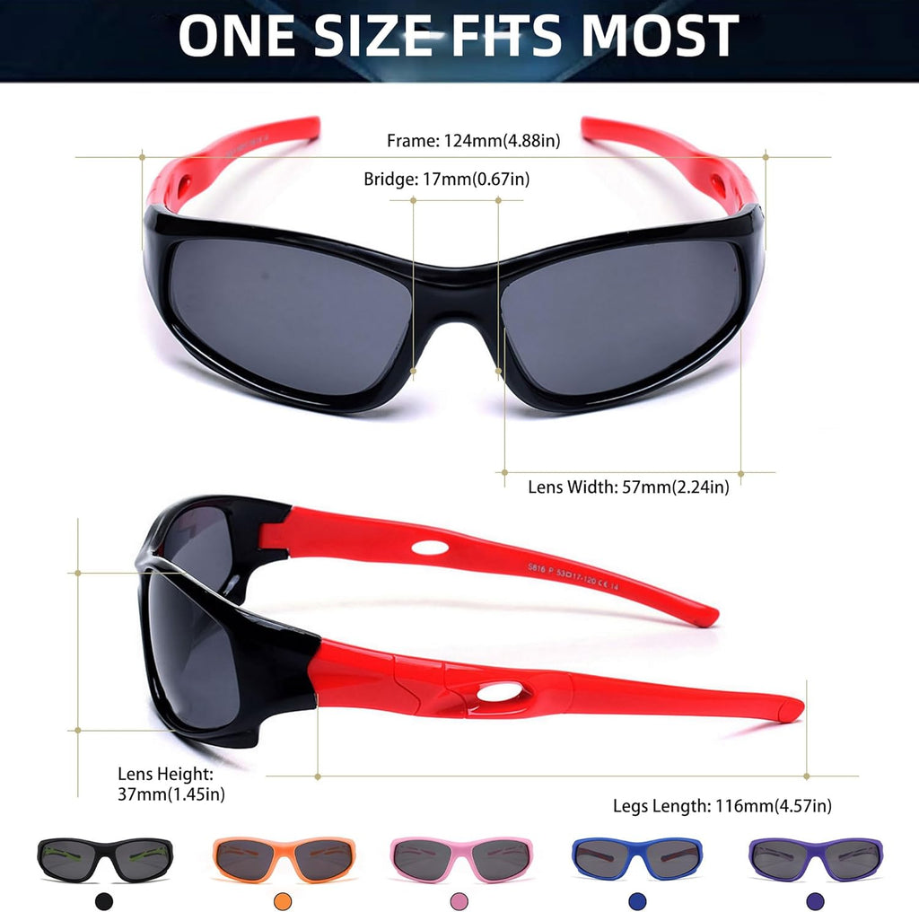 Kids polarized sports sunglasses by craques in black and red frame with full size measurements