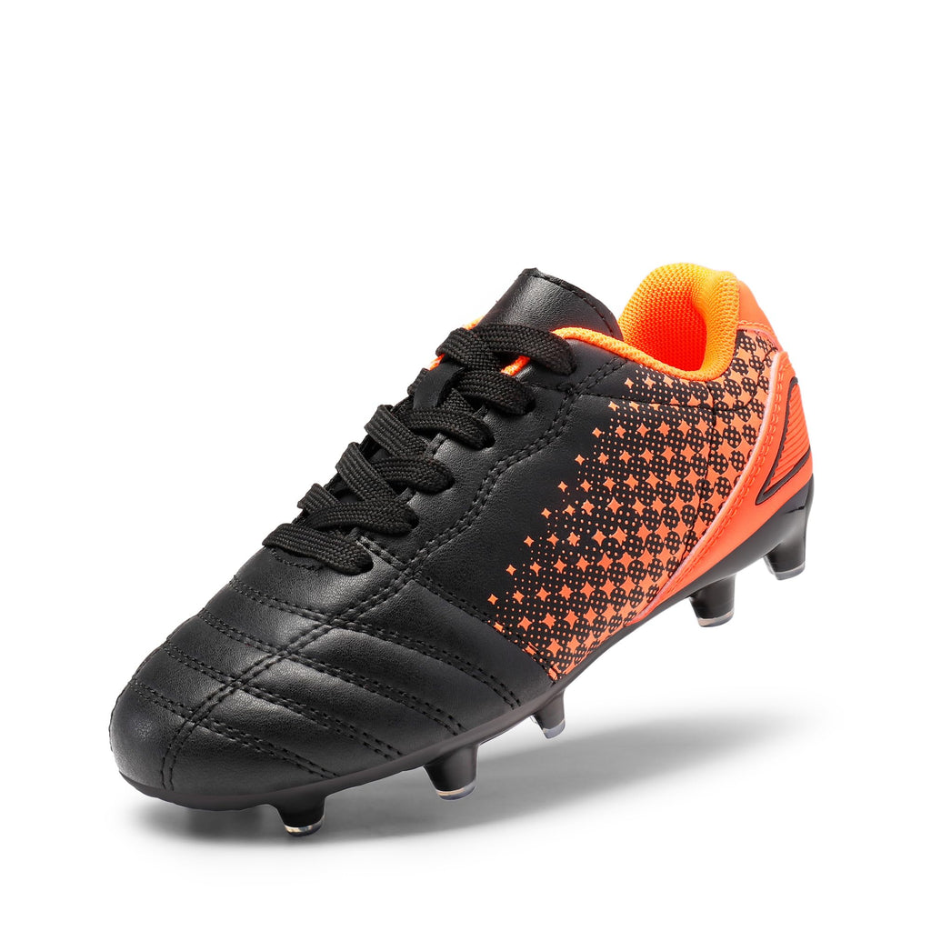 Craques kids soccer cleats outdoor black with orange accents and molded studs for firm ground