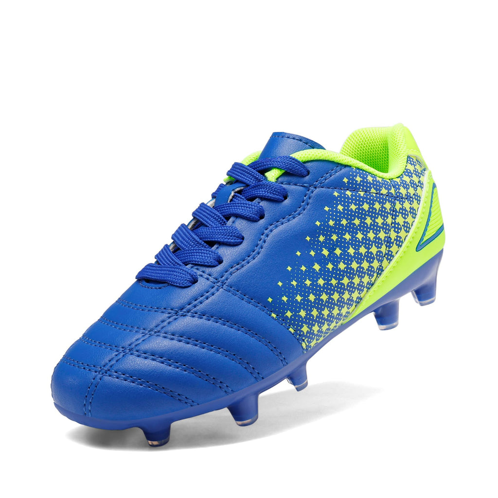 Blue and neon green kids soccer cleats outdoor with molded studs for traction on grass