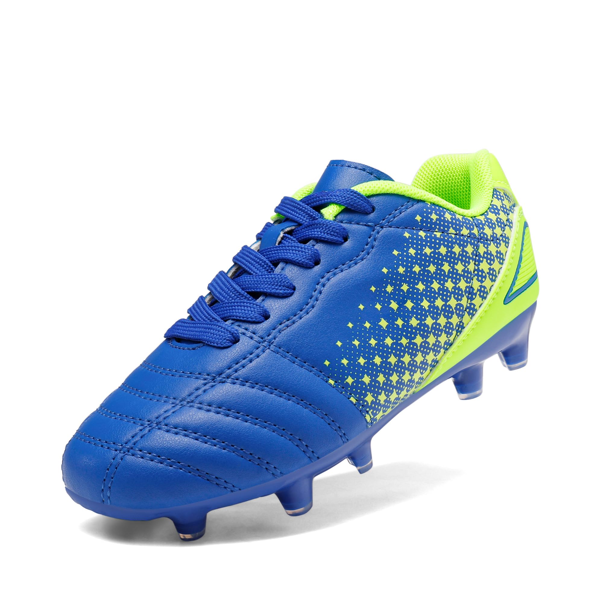 Blue and neon green kids soccer cleats outdoor with molded studs for traction on grass