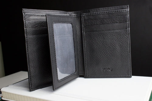 Black craques slim passcase wallet for men featuring card slots and ID window