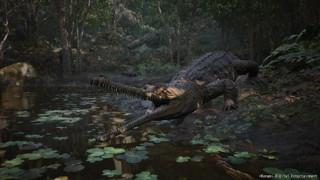 Metal Gear Solid Delta Snake Eater Xbox Series X featuring a realistic crocodile in a jungle pond with dense foliage