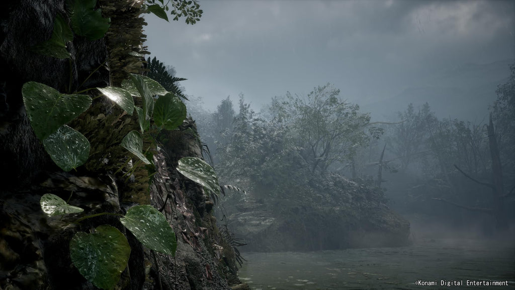 Metal Gear Solid Delta Snake Eater Xbox Series X game scene with dense foggy forest and river environment