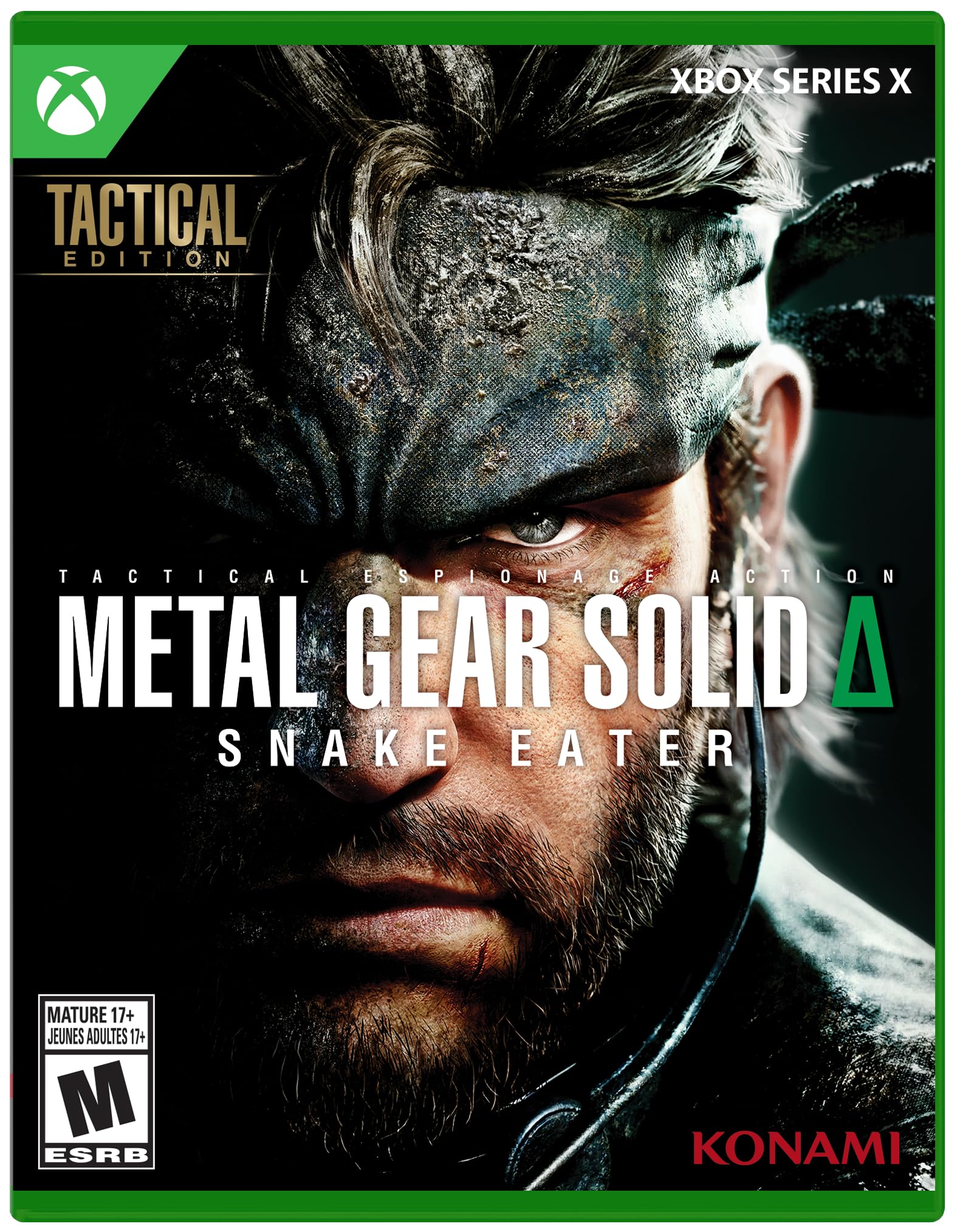 Metal Gear Solid Delta Snake Eater Xbox Series X game cover featuring close-up of a camouflaged soldier