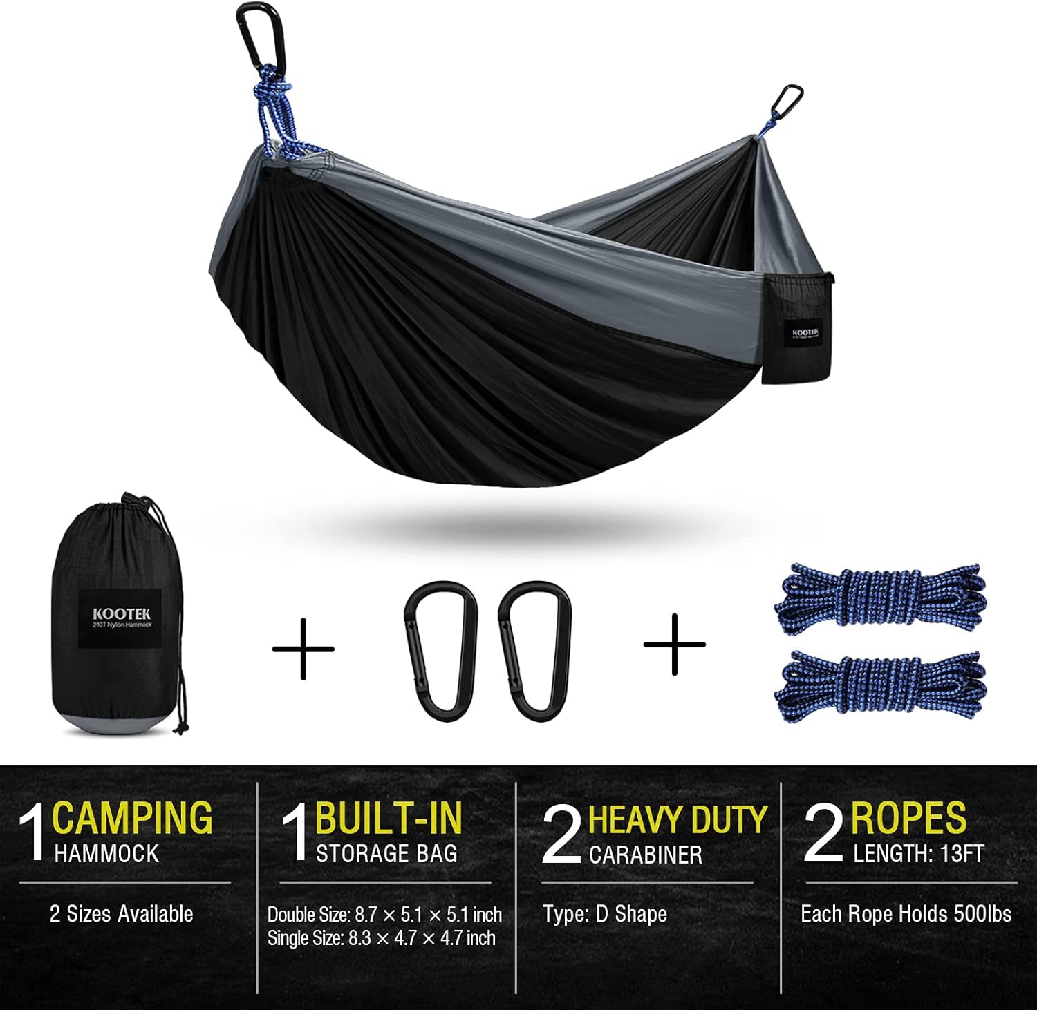 Double camping hammock with ropes by Craques in black and gray with carabiners and storage bag