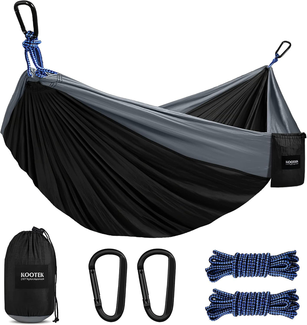 Double camping hammock with ropes in black and gray by craques with carabiners and carry bag