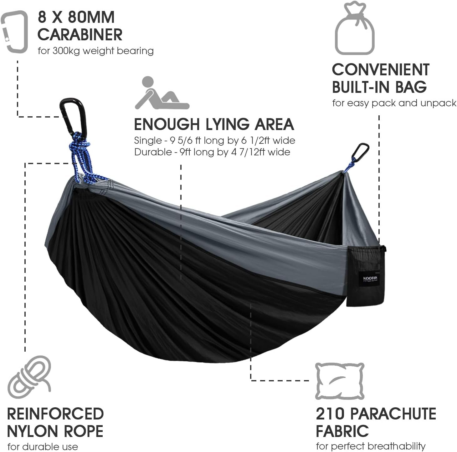 Craques double camping hammock with ropes in black and gray featuring reinforced nylon rope and built-in storage bag