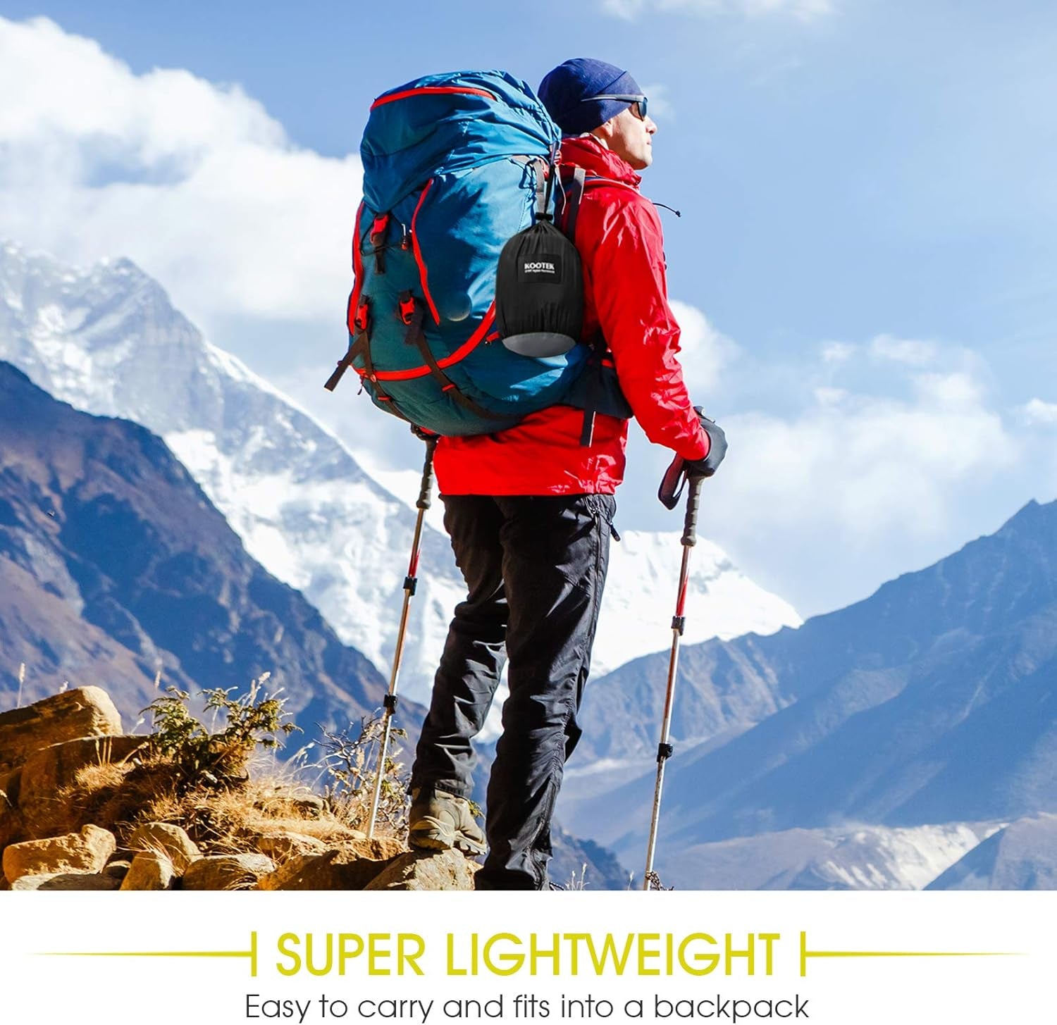 Hiker carrying a blue backpack with a super lightweight double camping hammock with ropes attached in a mountainous landscape