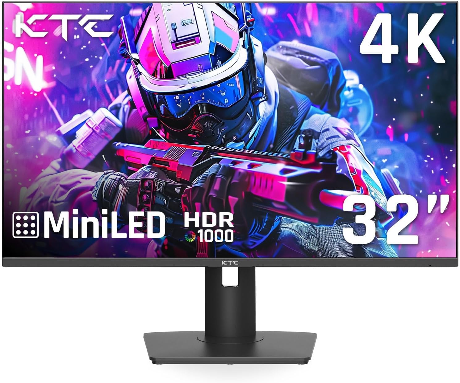 KTC 24 inch gaming monitor displaying vibrant 4K MiniLED HDR 1000 graphics with futuristic soldier image