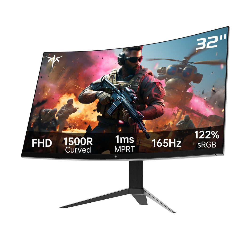 Craques 32 inch curved gaming monitor displaying action game with 165Hz refresh rate and 1ms response time