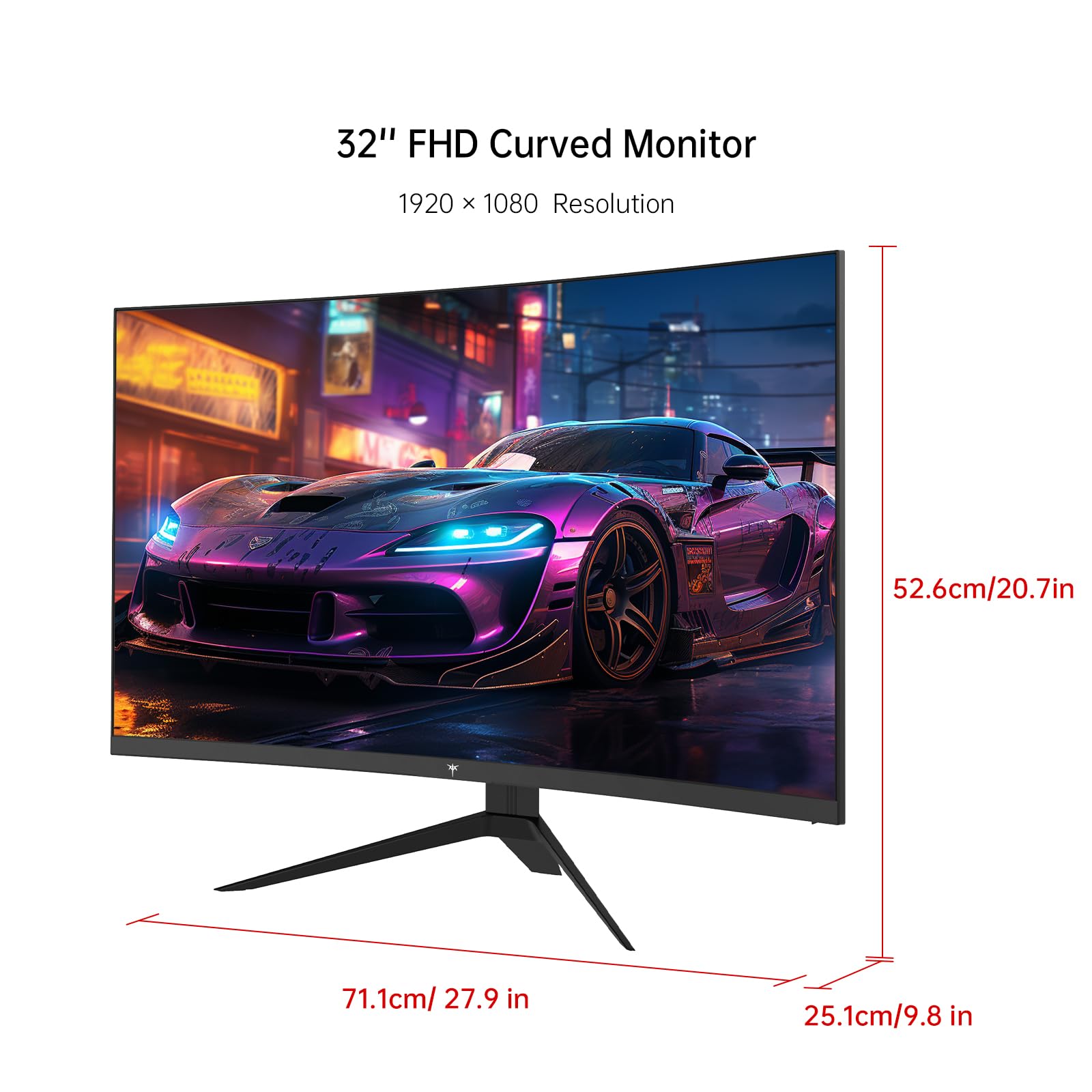 32 inch curved gaming monitor displaying a vibrant car scene with 1920x1080 resolution, not KTC 24 inch gaming monitor