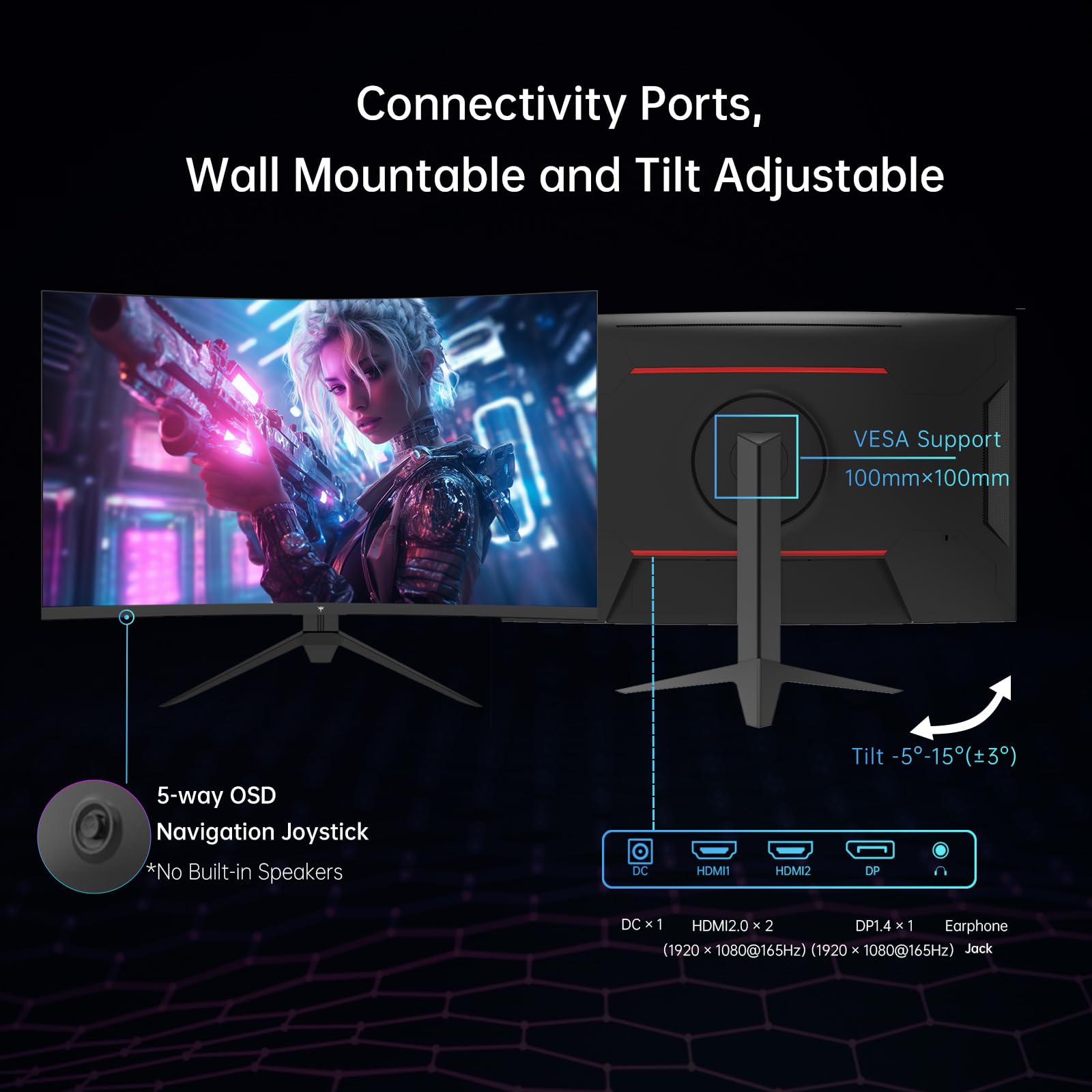 KTC 24 inch gaming monitor showing front curved display with sci-fi game and back view highlighting connectivity ports and tilt adjustment