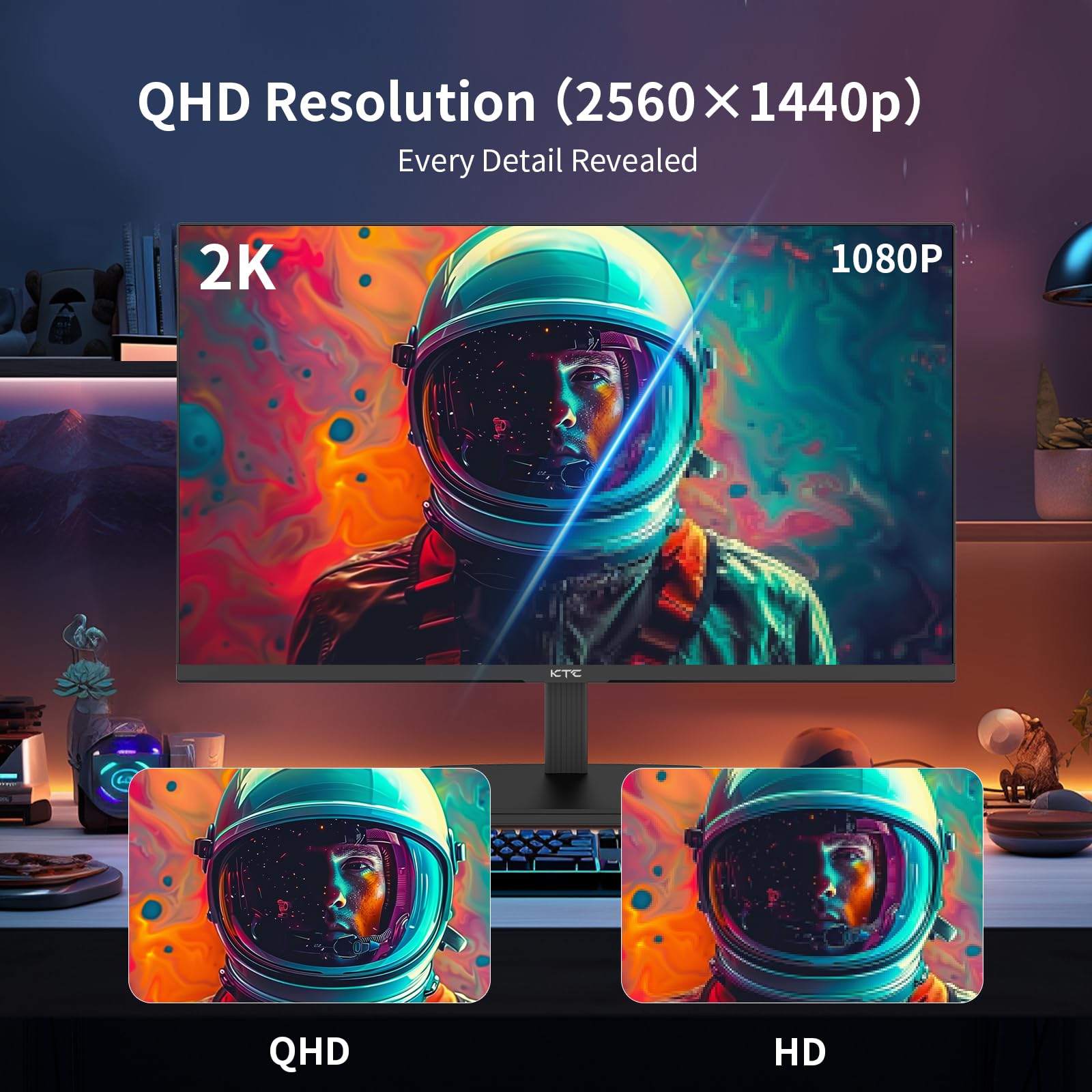 KTC 24 inch gaming monitor displaying vivid QHD 2560x1440p resolution with clear space-themed graphics