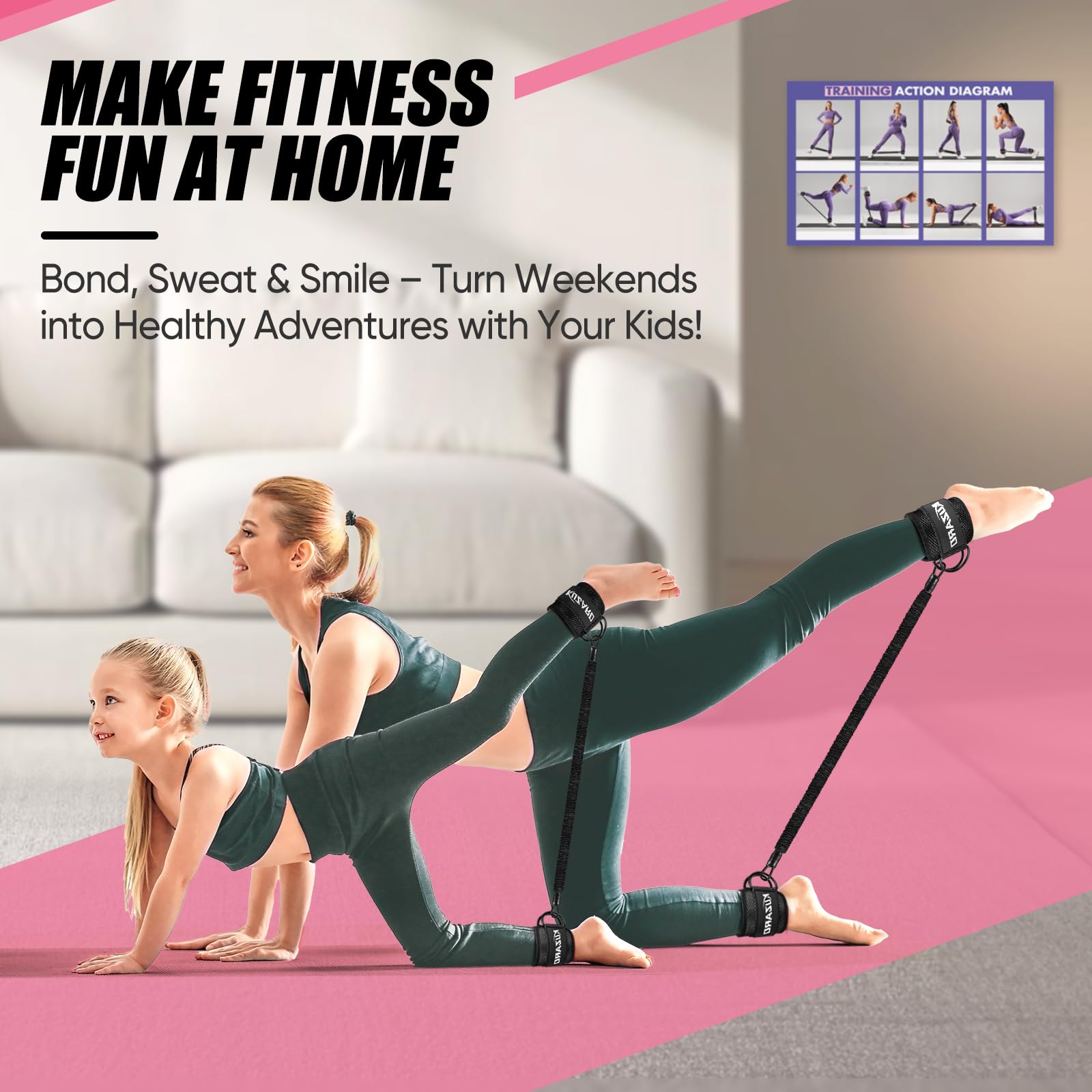 Mother and daughter exercising at home using resistance bands with ankle straps for leg workouts