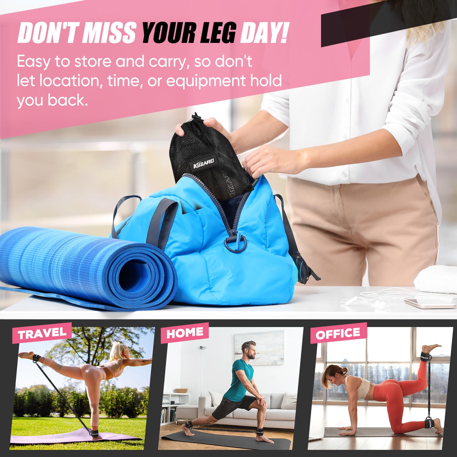 Craques resistance bands with ankle straps being packed in gym bag for travel home and office workouts